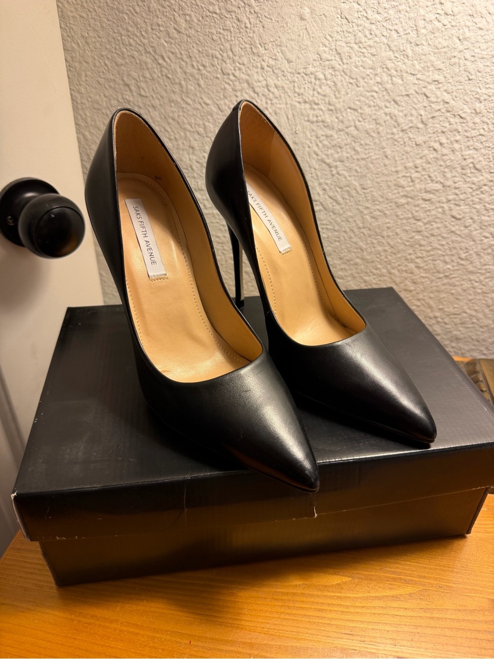 Saks Fifth Avenue Black Leather Pointed Toe Stiletto Pumps